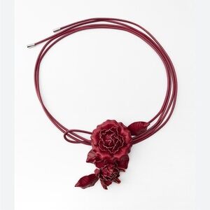 Zara NWT Burgundy Leather Flowers Circular Cord Belt